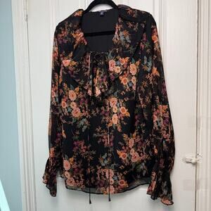 Dark Romantic Blouse Womens 18W Boho Floral Pullover Lined Plus Size Ruffle